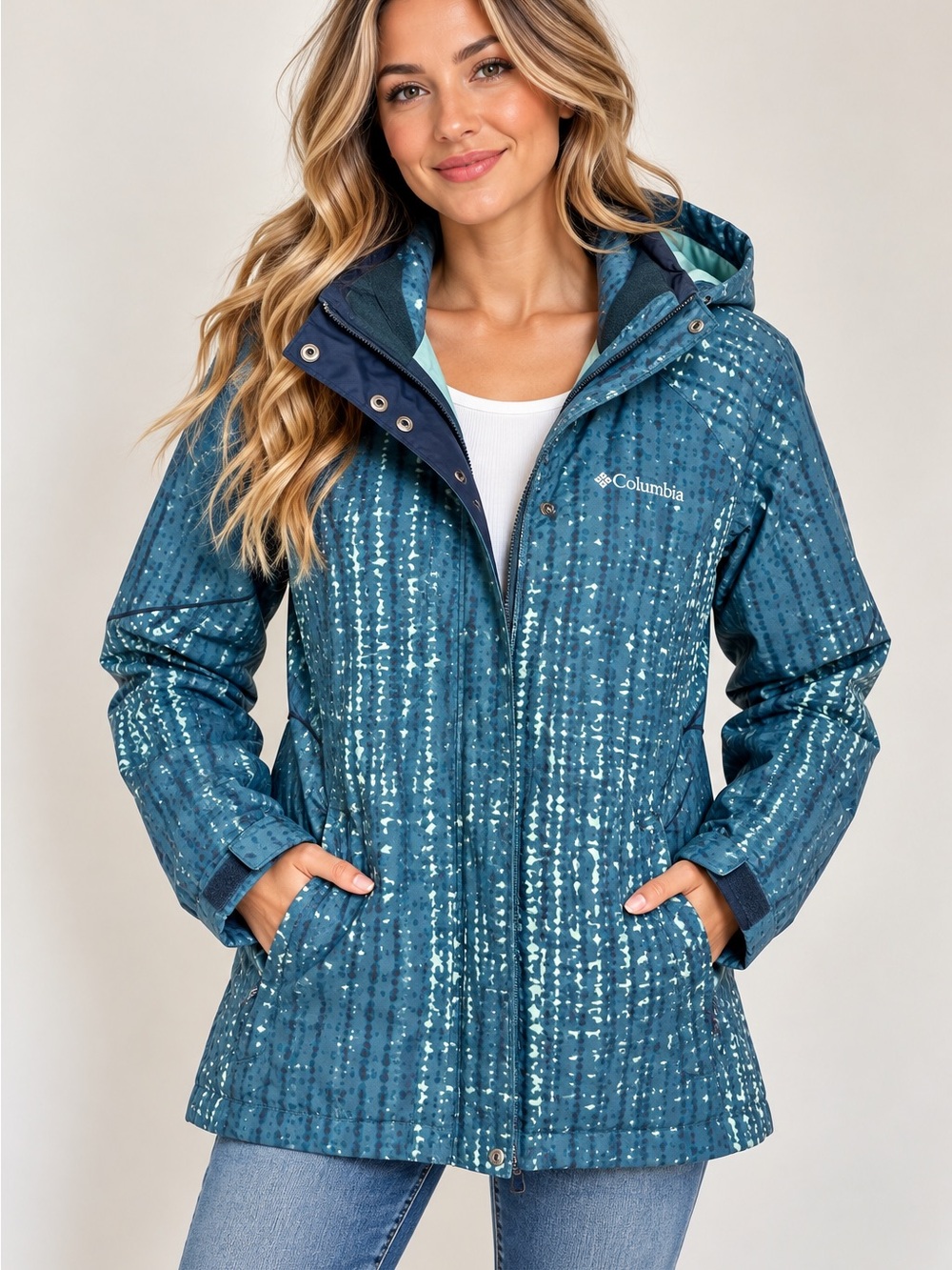 Columbia Women's Teal Blue Printed Waterproof Jacket Interchangeable Hooded Med